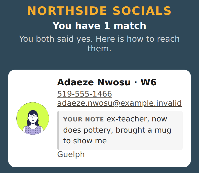 A results screen from the MixerApp demo account: the organizer's own name and colours at the top, one mutual match, with her photo, phone number and the private note the viewer wrote about her.